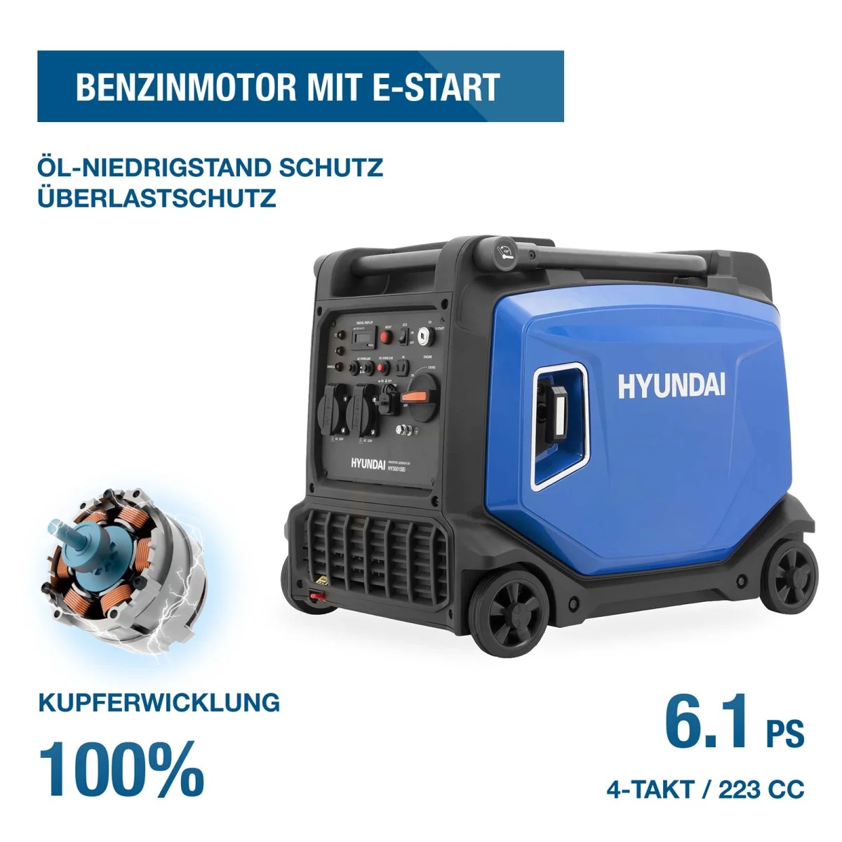 Hyundai Inverter Generator HY3501SEI Hyundai Inverter-Generator mit Hinweis auf Benzinmotor, E-Start, Schutzfunktionen, 6,1 PS und 223 cm³ Hubraum.