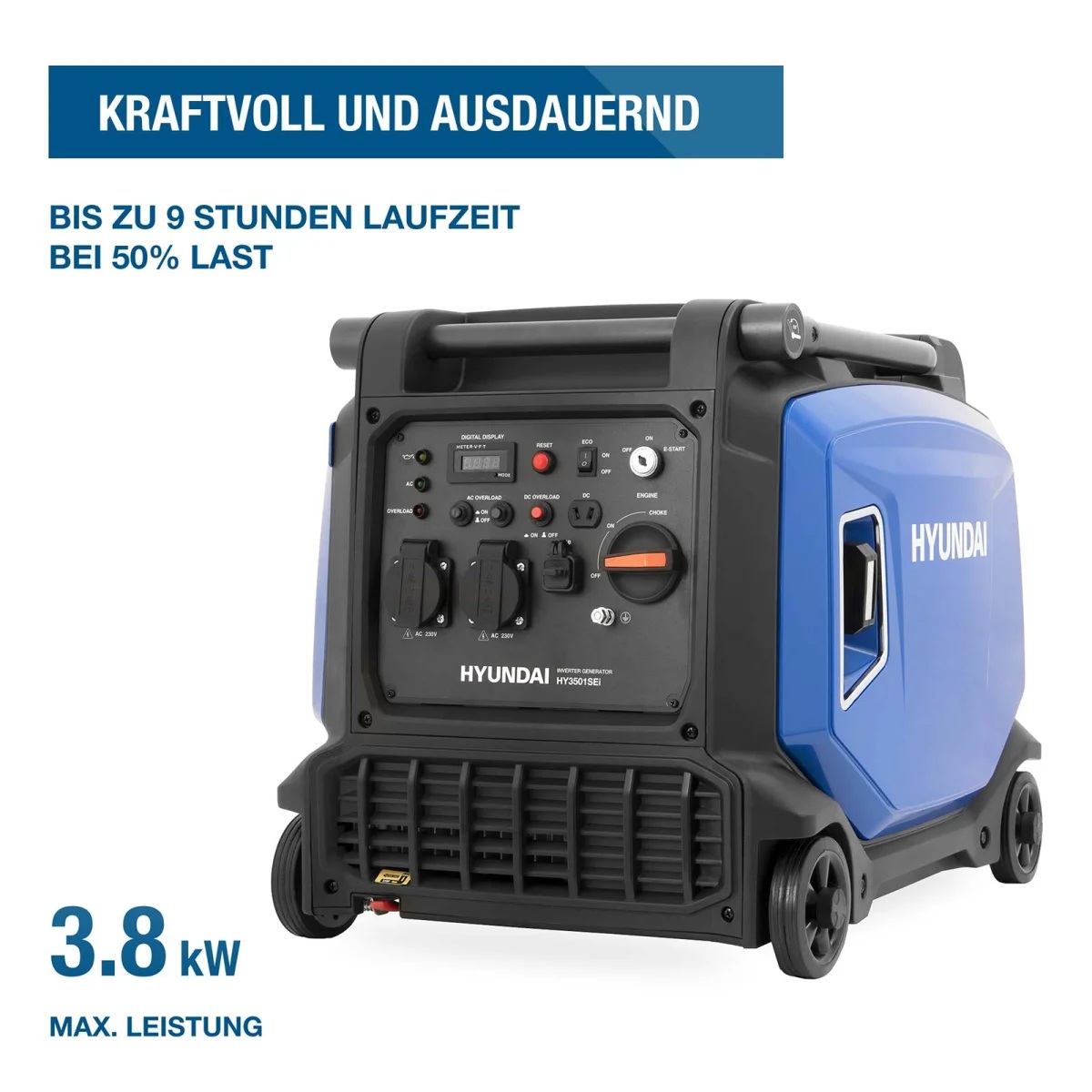 Hyundai Inverter Generator HY3501SEI Hyundai Inverter-Generator mit Bedienfeld und Angabe von bis zu 9 Stunden Laufzeit bei 50 % Last sowie 3,8 kW Maximalleistung.