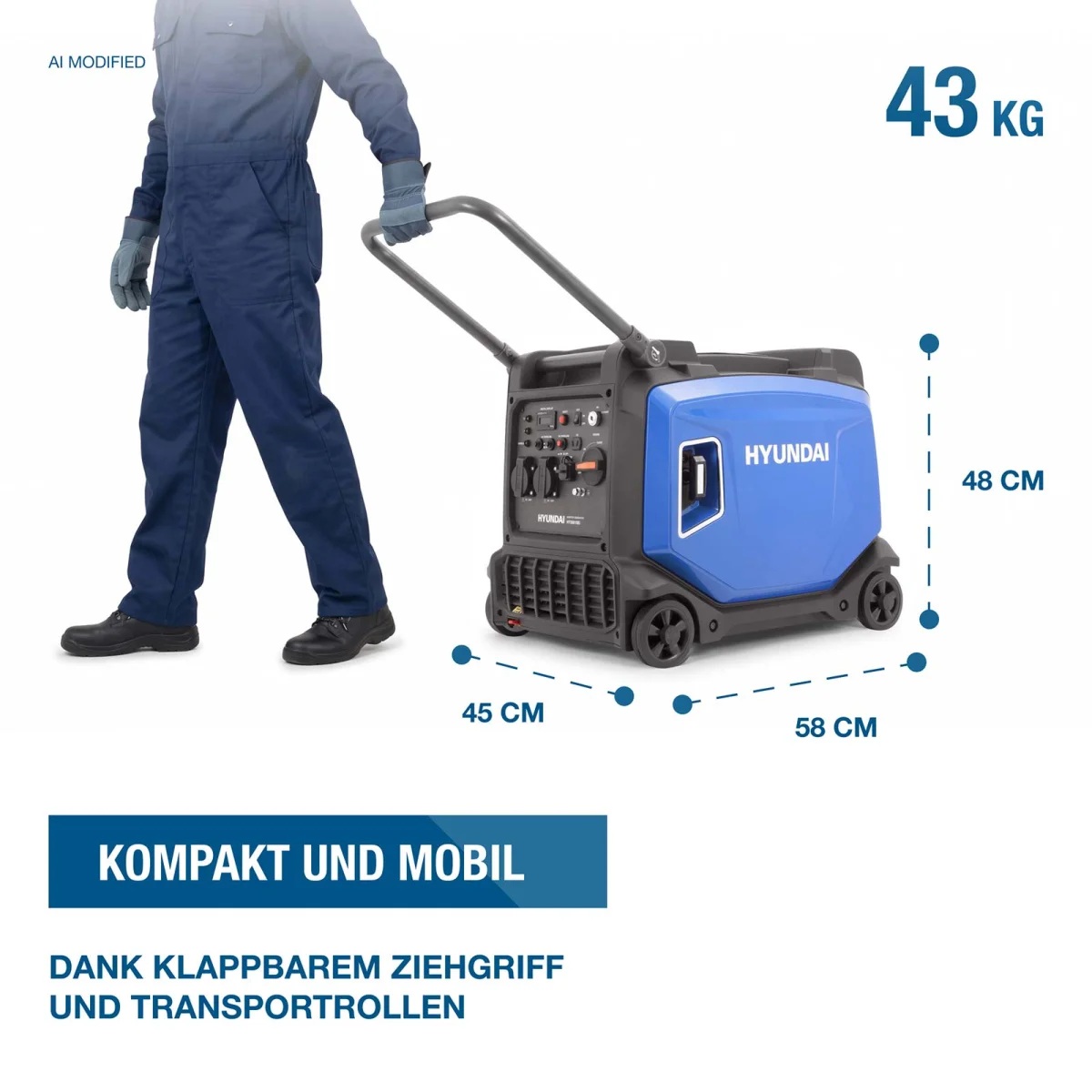 Hyundai Inverter Generator HY3501SEI Person zieht den Hyundai Generator am ausklappbaren Griff; angegeben sind 43 kg Gewicht sowie Maße von 58 × 45 × 48 cm.