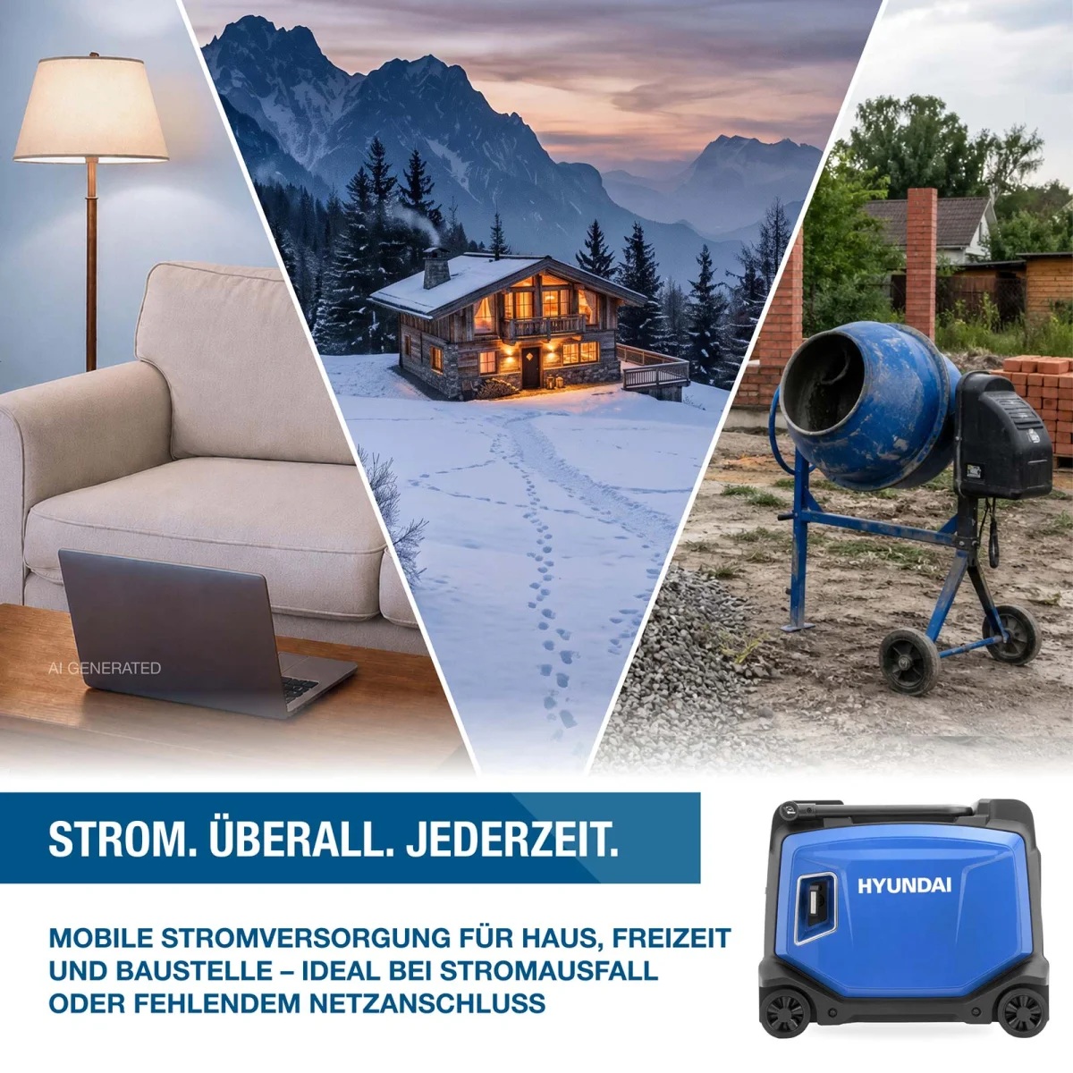Hyundai Inverter Generator HY4501SEI Hyundai Inverter-Generator mit Beispielen für den Einsatz im Wohnbereich, in einer Berghütte und auf einer Baustelle.