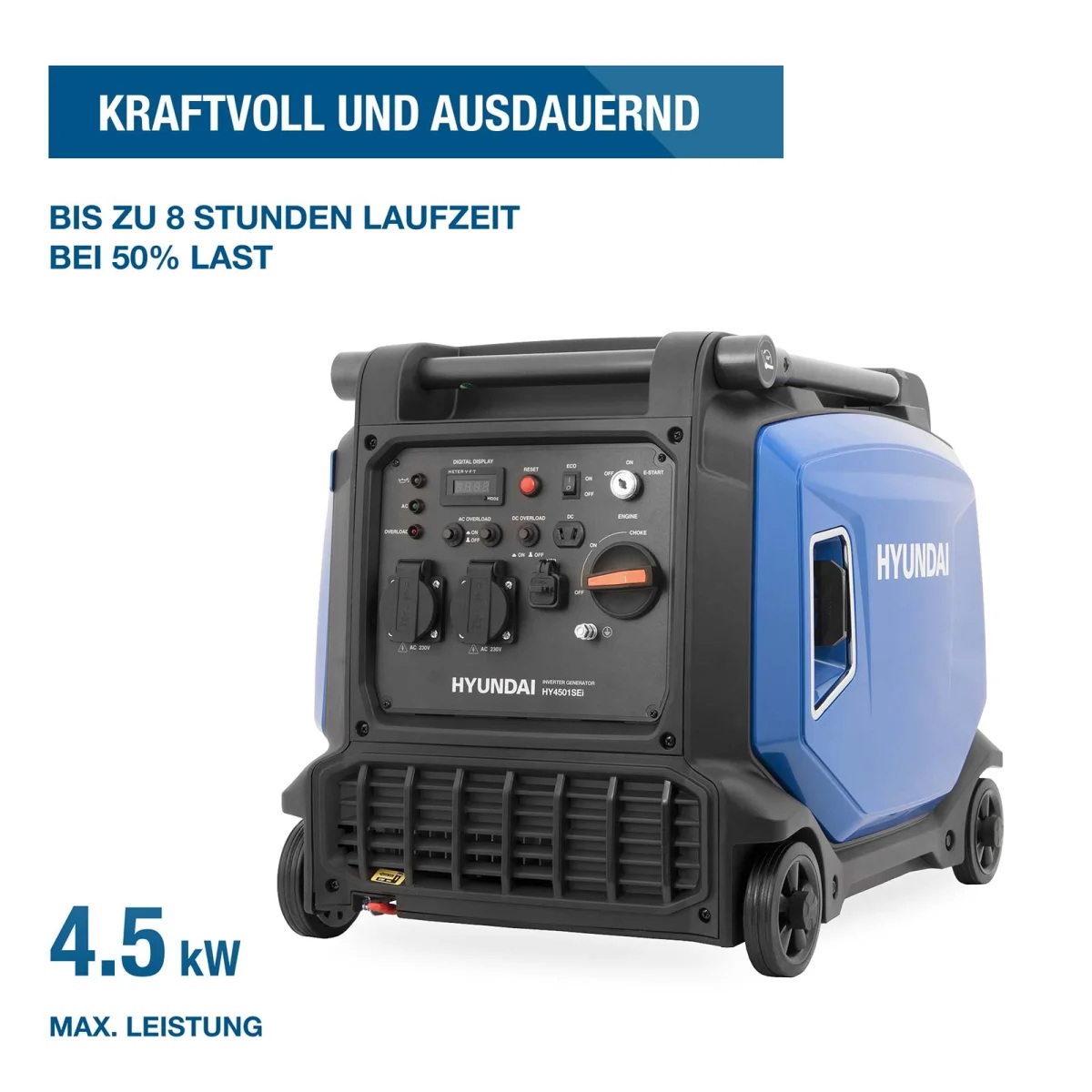 Hyundai Inverter Generator HY4501SEI Hyundai Inverter-Generator mit Angabe von bis zu 8 Stunden Laufzeit bei 50 % Last und 4,5 kW Maximalleistung.
