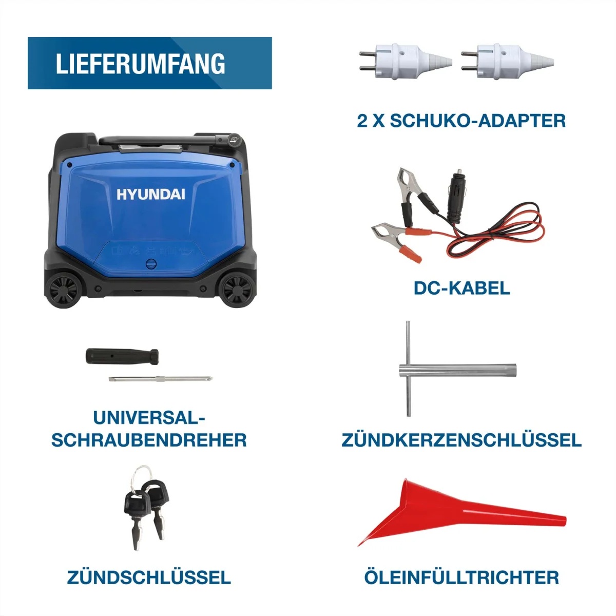 Hyundai Inverter Generator HY4501SEI Lieferumfang mit Hyundai Generator, zwei Schuko-Adaptern, DC-Kabel, Schraubendreher, Zündkerzenschlüssel, Schlüsseln und Öltrichter.