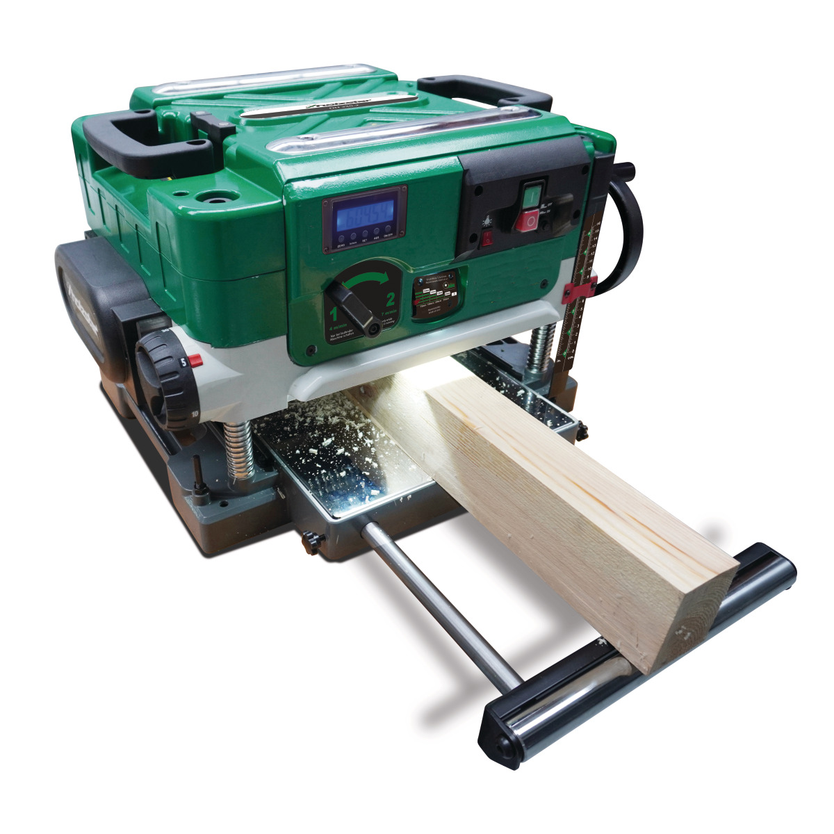 Dickenhobel Holzstar DH 330-2 beim Bearbeiten eines Holzbalkens mit sichtbaren Spänen auf dem Tisch