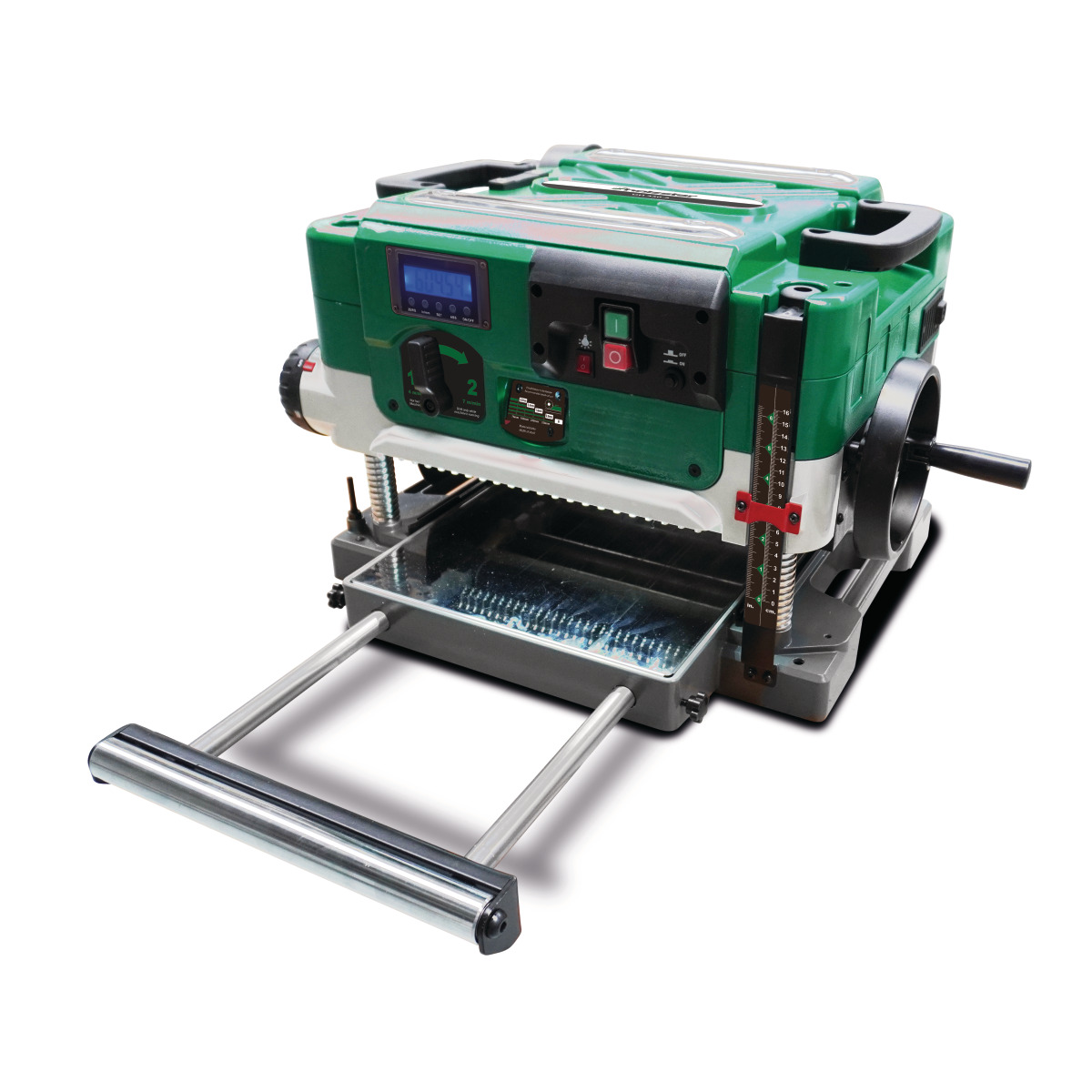 Dickenhobel Holzstar DH 330-2 schräg von vorn mit Digitalanzeige und ausgezogenem Zuführtisch