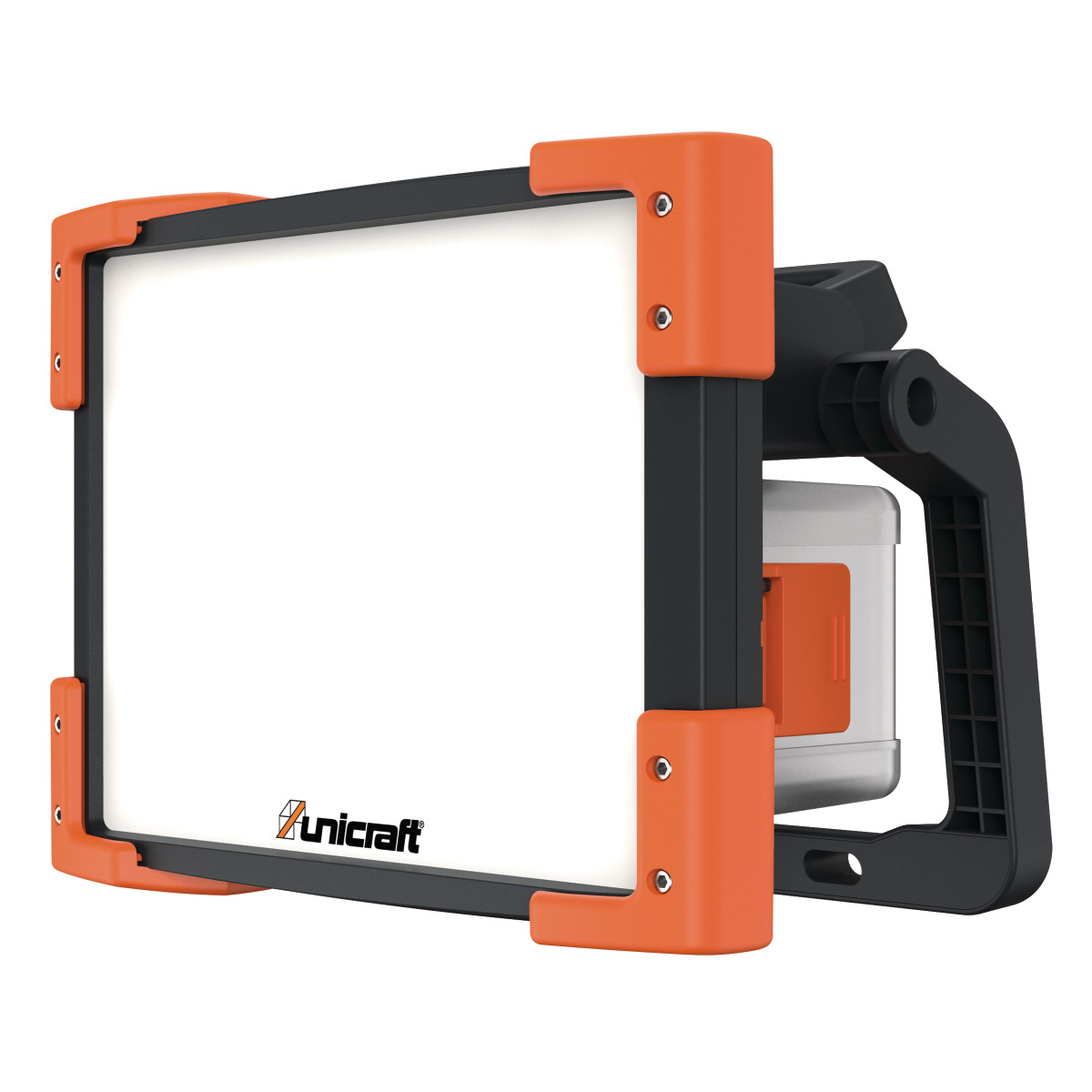 Unicraft LED-Arbeitsstrahler mit rechteckiger weißer Leuchtfläche, grau-orangefarbenem Gehäuse, Tragegriff und klappbarem Standfuß.