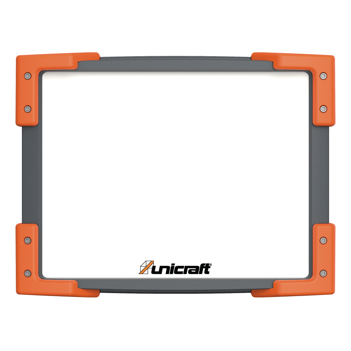Vorderansicht eines Unicraft LED-Arbeitsstrahlers mit rechteckiger weißer Leuchtfläche, grauem Rahmen und vier orangefarbenen Eckschützern.