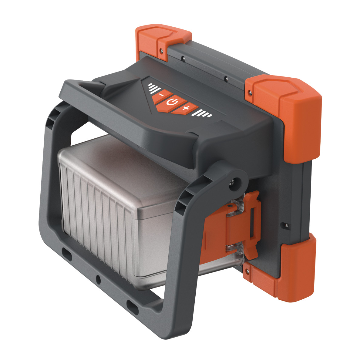 Unicraft LED-Arbeitsstrahler in schräger Rückansicht mit grauem Tragegriff, orangefarbenen Bedientasten, Akkuhalterung und Standfuß.