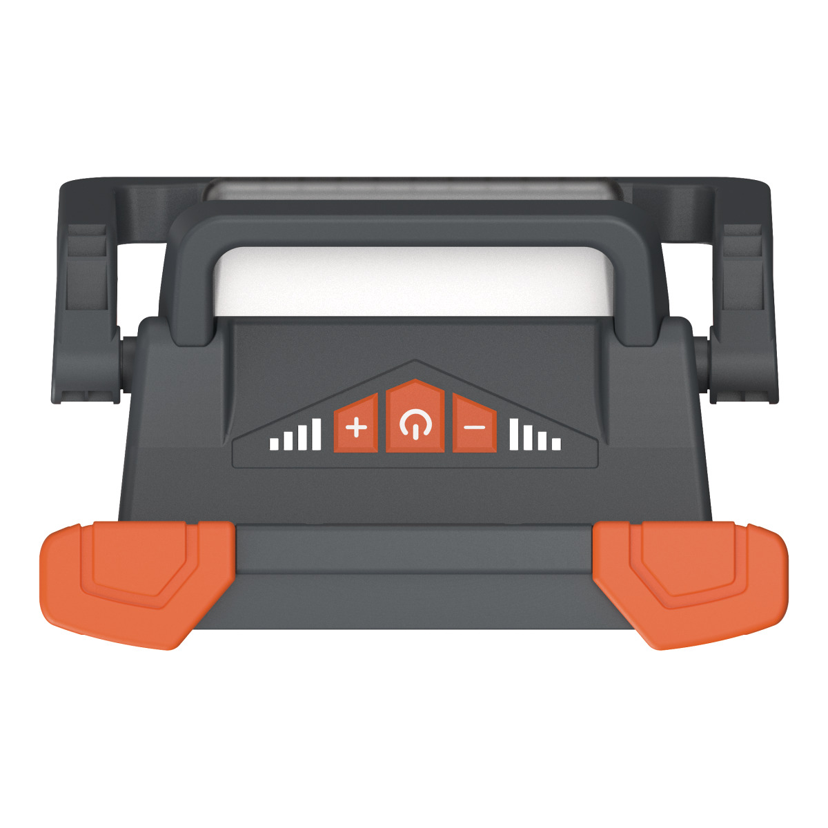 Nahaufnahme der Rückseite eines Unicraft LED-Arbeitsstrahlers mit Tragegriff, orangefarbenen Tasten zum Ein- und Ausschalten sowie Dimmen.