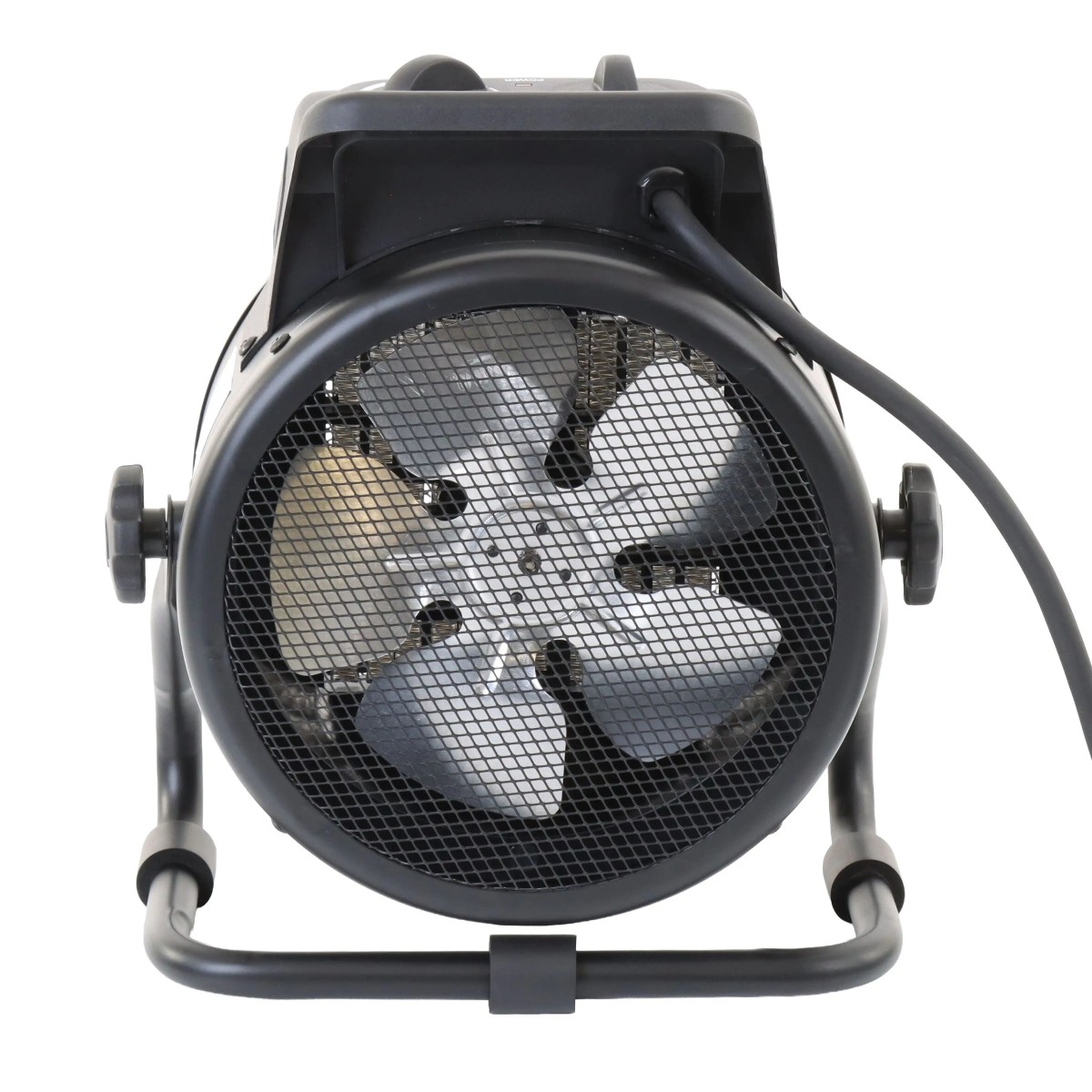 Elektro-Heizgerät EUROHEAT WE 3001 Rückansicht eines kompakten elektrischen Heizlüfters mit großem Ventilator hinter Schutzgitter, Anschlusskabel und stabilem Rohrrahmen
